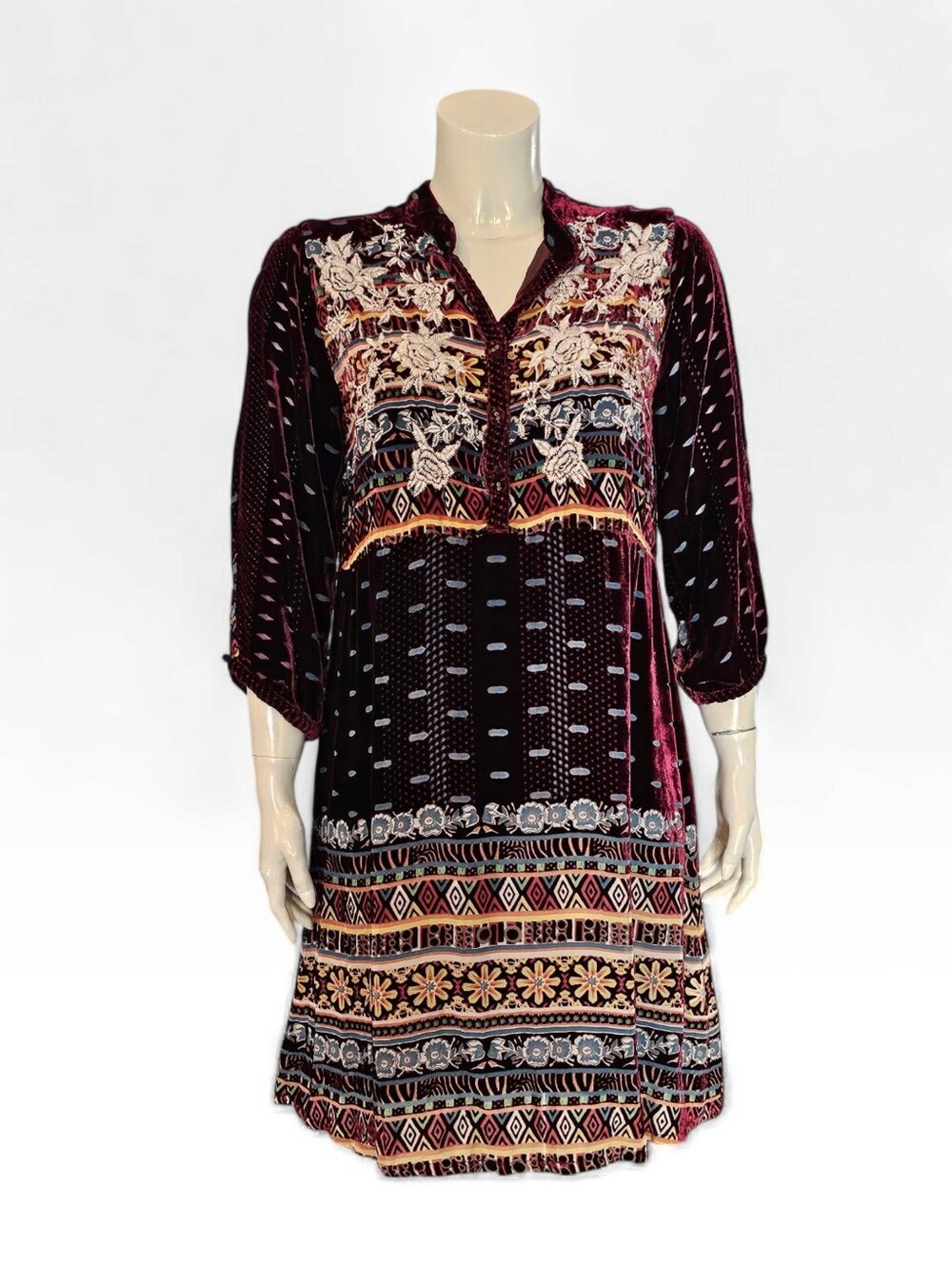 JOHNNY WAS Silk Blend Velvet Burnout Embroidered Tunic Boho Dress S in Burgundy